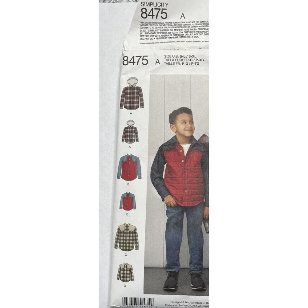 Simplicity Pattern 8475 Boys Mens Shirt Shacket Jacket Hooded Button S-XL preown